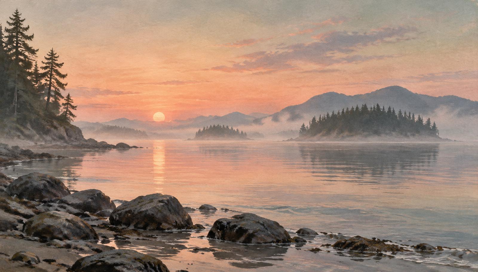 A calm, misty shoreline at dawn with soft pink light over still water